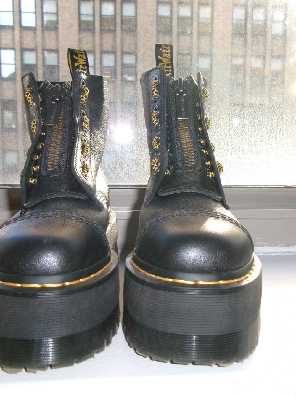 Dr. Martens Sinclair Black Leather Platform Ankle Boots with Yellow Stitching